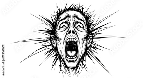 Screaming face of horror with radial burst a monochrome representation of overwhelming fear and