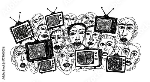 Visual depiction of faces interwoven with retro television sets representing media influence