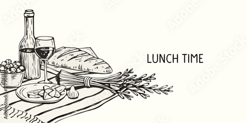 Hand drawn sketch of a rustic lunch spread with bread wine olives cheese and herbs with the words lunch time