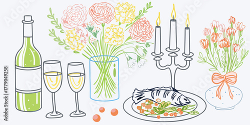 A charming hand drawn illustration of a romantic dinner setting with wine champagne flowers and a candlelit meal