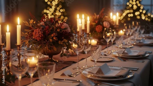 Elegant festive table setting with burning candles and floral arrangements, ready for Christmas or New Years Eve dinner party celebration.