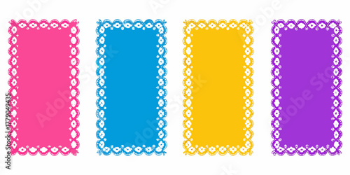 Four colorful decorative frames with white lace borders in pink blue yellow and purple