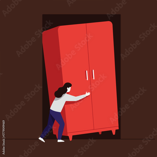 A woman strains to push a tall red wardrobe within a dark brown frame, implying effort and perseverance