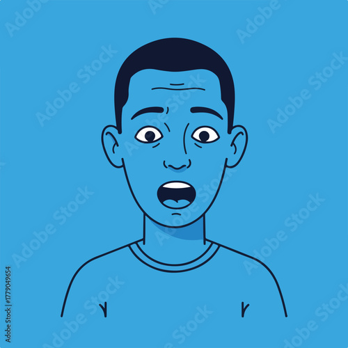 Illustration of a blue-toned man's face with wide eyes and open mouth, expressing surprise or shock