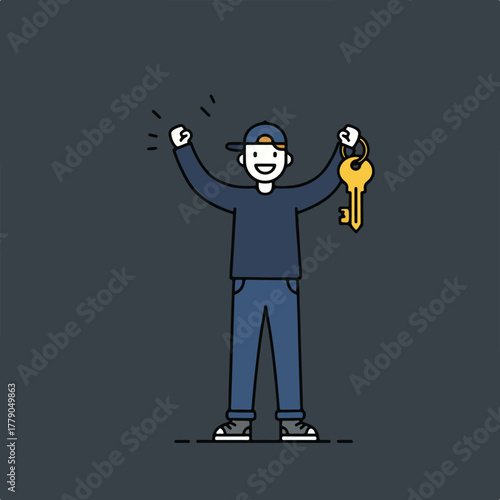 A cartoon person in cap and jeans joyfully holds up a golden key on dark background