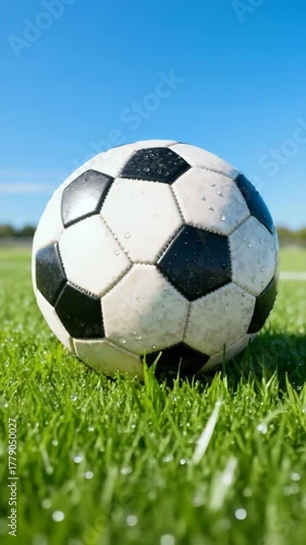 Classic black and white soccer ball resting on green grass field  