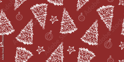Seamless Christmas pattern with white Christmas trees, stars and ornaments on red. Perfect for holiday designs and gift wrapping. vector and illustration.