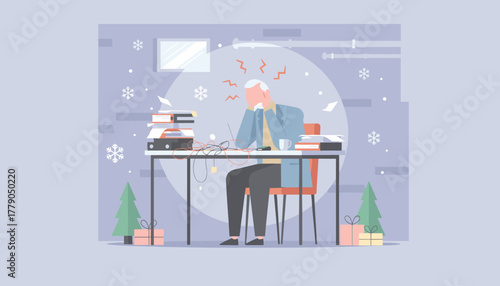 Stressed worker buried in work at his desk during the winter holidays Burnout and deadline pressure