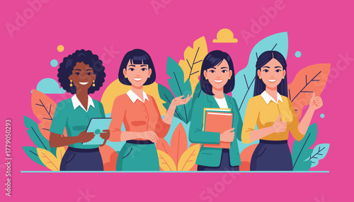 Diverse professional women team smiling in a vibrant illustration representing success and collaboration