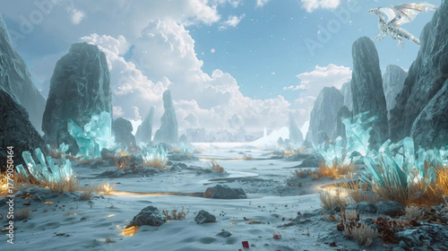 A Crystal Dragon Soars Over A Serene Snowy Landscape With Striking Turquoise Crystal Formations

