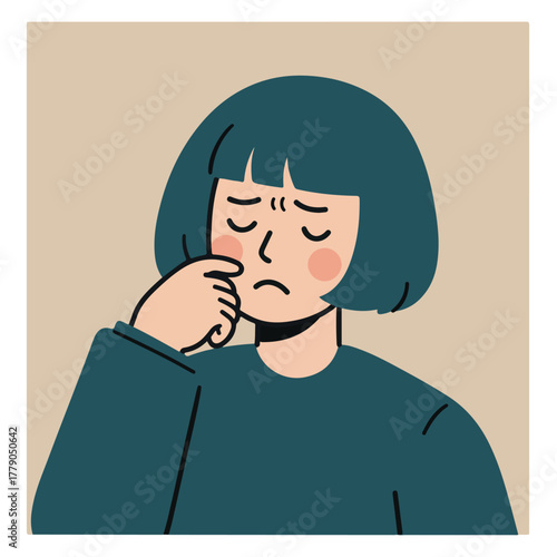 Illustration of a woman in teal sweater with bob haircut expressing sadness, face in hand