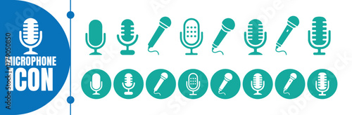 Teal Microphone Icons Set - Audio Recording Symbols. Different microphone collection. Vector Illustration eps 10