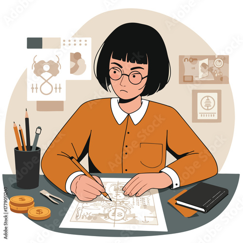 An illustration shows a person at a desk sketching, surrounded by tools and diagrams, with an analytical expression