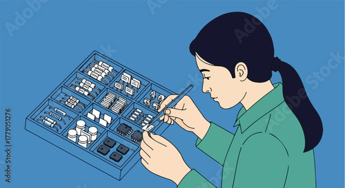 A person using tweezers to handle small electronic components