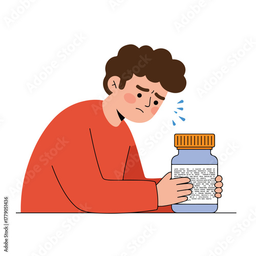 Cartoon illustration of a tearful person looking at a medicine bottle. Bottle has a label with text