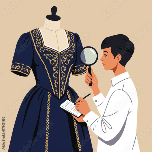A person scrutinizes a blue and gold embellished dress on a mannequin with a magnifying glass and notebook