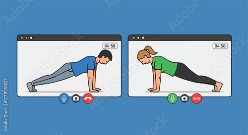 Fitness class via video call. Two people in plank position
