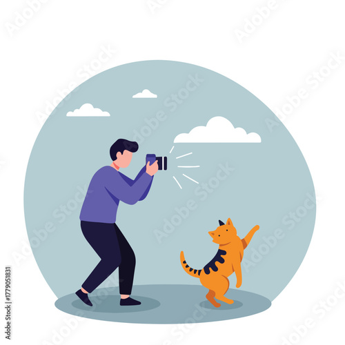 A photographer takes a picture of a cat, which is standing on its hind legs. Clouds and a sky background