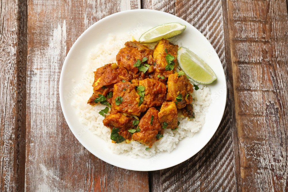 Fototapeta premium Delicious chicken tikka masala with rice, parsley and lime on color wooden table, top view