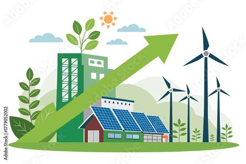 Green energy plant with solar panels and wind turbines in nature  