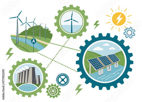 Renewable energy infographic with wind turbines and solar panels  