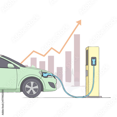 Electric car charging at station with financial growth graph in background  
