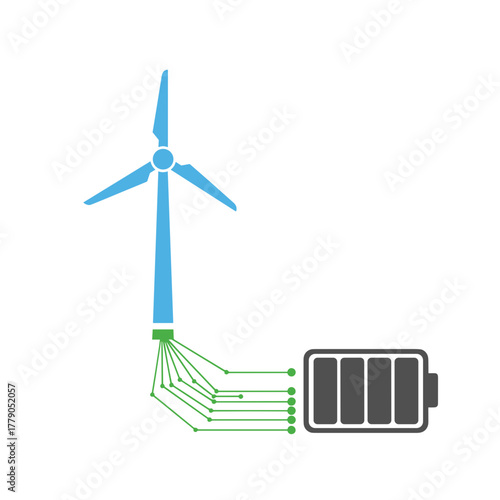 Wind turbine connected to battery with network lines for energy storage  
