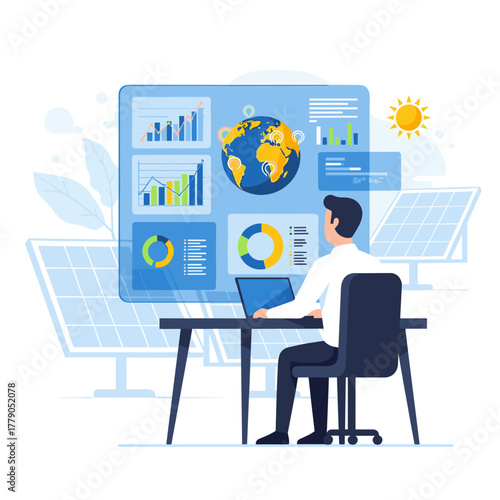 Businessman analyzing solar energy data on computer in office  