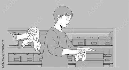 Person wiping surface with a cloth. Another person is cleaning too. Shelves present