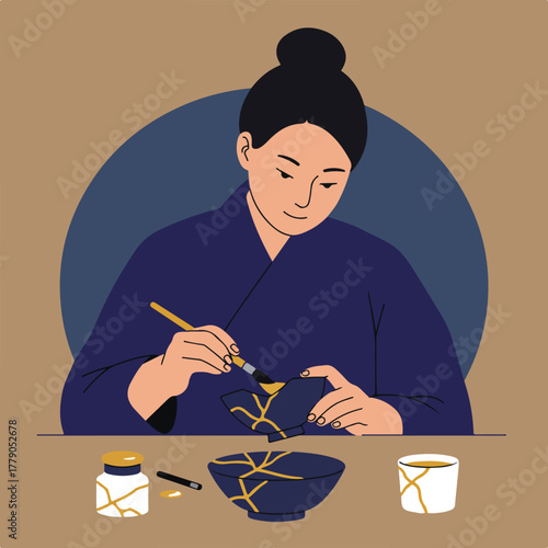 A person in a blue kimono carefully restores a broken bowl with gold using a brush, embodying Kintsugi