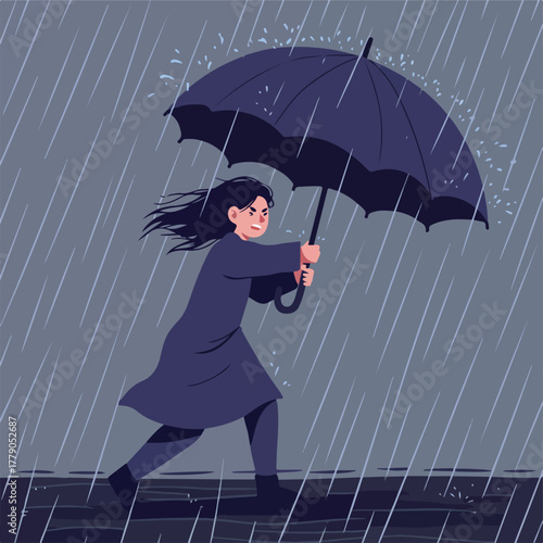 A person battles strong winds and heavy rain while holding an umbrella. The scene is overcast, and moody