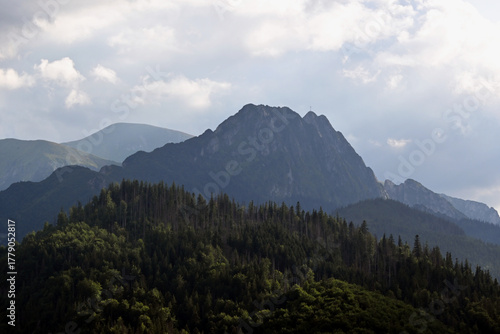 Giewont Mountain, Zakopane. Giewont peak seen from Cyrhla village. Cloudy summer evening. 