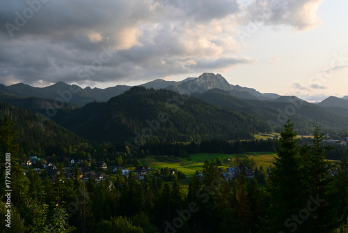 The peaks of High Tatra moutains. Beautiful, scenic view from Cyrhla village near Zakopane, Poland. Summer evening