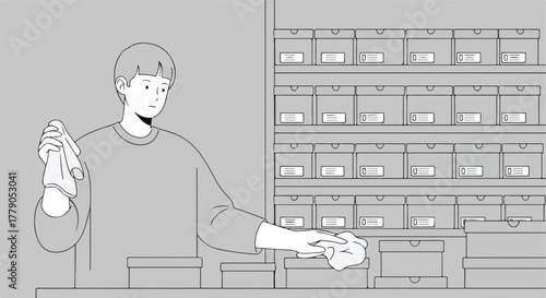 A person cleaning boxes in a storage room