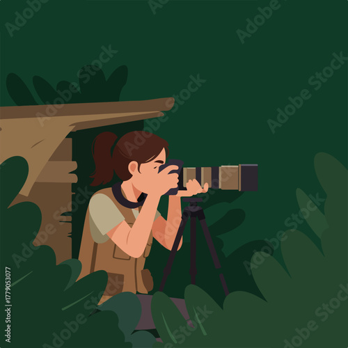 A woman is taking a picture with a large telephoto lens, likely photographing animals or nature