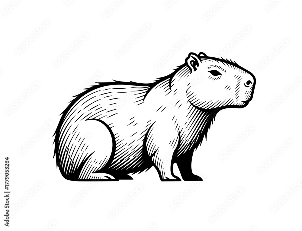 Obraz premium A minimalist yet detailed black and white etching of a capybara, capturing the animal's gentle nature in a timeless vintage woodcut style