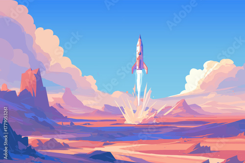 A space rocket launches from a planet, vector illustration