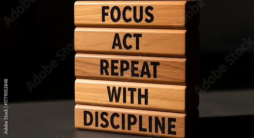 Focus act repeat with discipline wooden blocks for success and motivation concept
