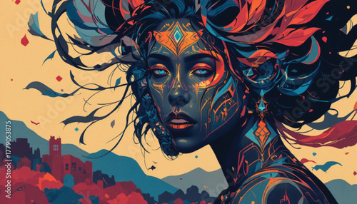 Abstract Vector Woman with Tribal Motifs.