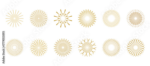 A set of fireworks icons in golden shades, vector illustration, isolated on a white background. A graphic element for design, decoration, celebration, postcard, poster. Sparks, lights, flashes
