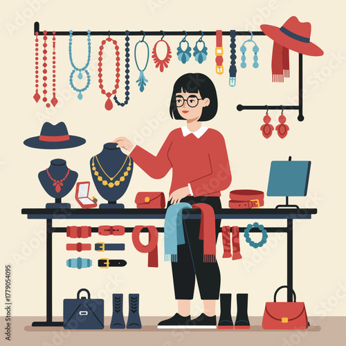 An illustration depicting a female vendor arranging jewelry, scarves, belts, and hats on a display stand