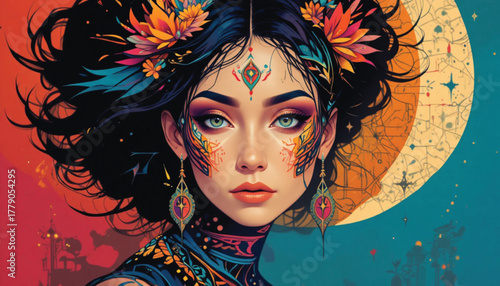 Abstract Vector Woman with Tribal Motifs.