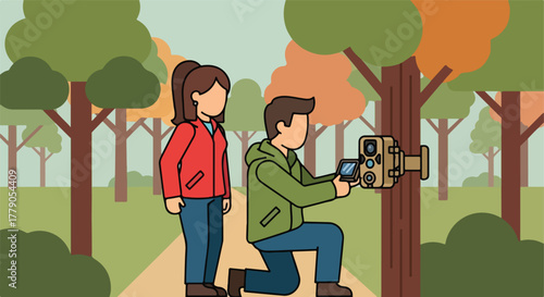 Couple setting up a wildlife camera in a forest setting