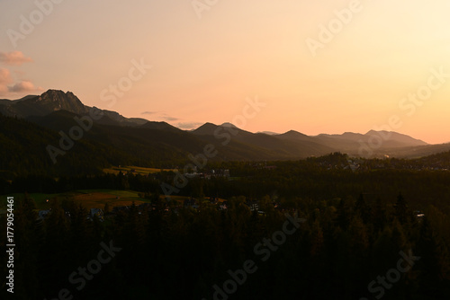 Beautiful sunset over Zakopane, Poland. Scenic view from Cyrhla village, summer evening