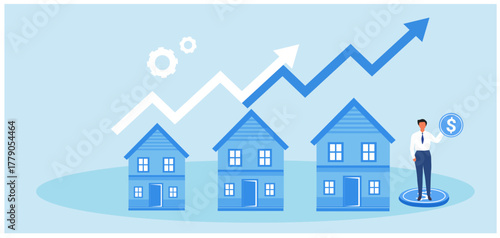 Home, house price rising up, real estate, property growth vector illustration