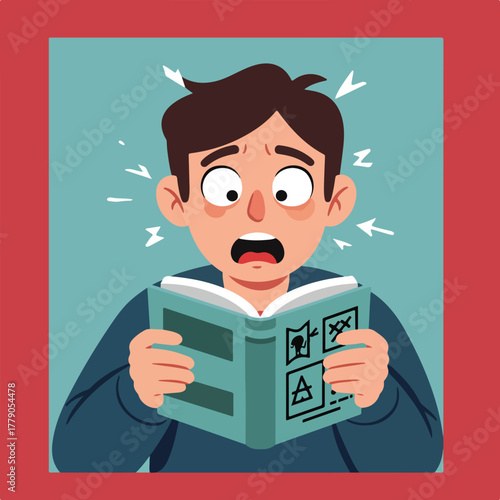 A cartoon boy with a shocked expression opens his mouth wide while reading an illustrated book. White lines emanate from his head