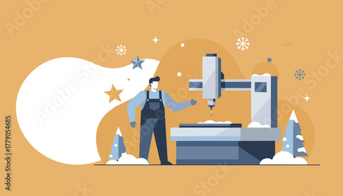 Worker operating a CNC machine symbolizing winter industry production and modern engineering concepts