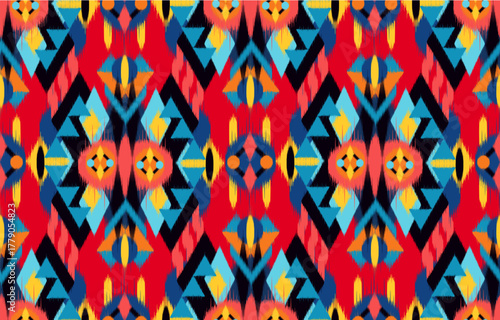 Design ikat pattern abstract geometric ikat ethnic, folk pattern Aztec style, Gyp sy, Mexican, Indian, Scandinavian, design ikat for background, wallpaper, carpet, wrapping, fabric, textile fashion. 