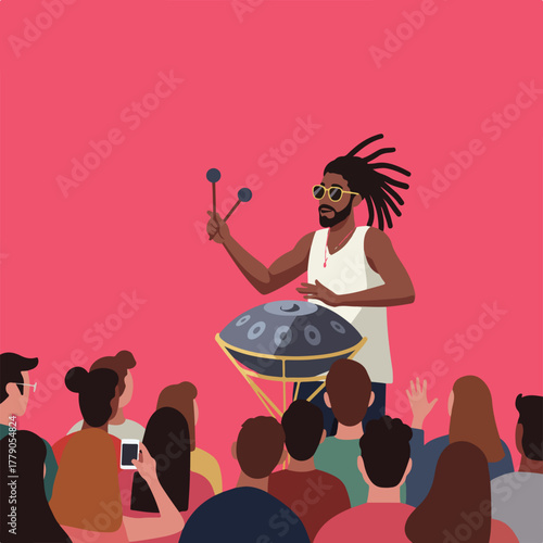 A musician plays a steelpan, center stage, with an audience of onlookers