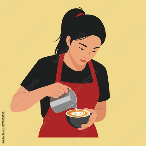 A barista in a red apron pours milk into a coffee cup, creating latte art. The background is a flat, solid yellow